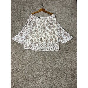 Harper 241 Womens 2X Off Shoulder Blouse Brown White Medallion Smocked Top